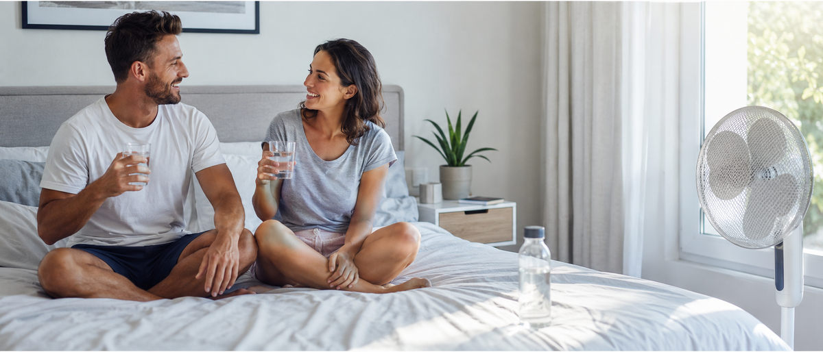 Can heat affect erections? Couple drinking water in a bright summer bedroom with a fan during hot weather