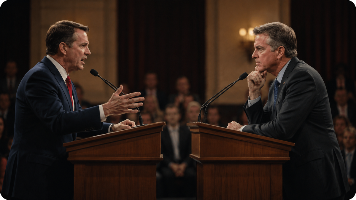 Political debate between two men facing each other on stage, illustrating the contrast between conservatives and liberals