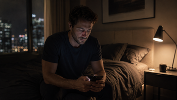 Man sitting on a bed at night looking at his phone, representing virtual intimacy and emotional distance.