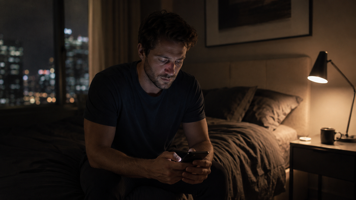 Man sitting on a bed at night looking at his phone, representing virtual intimacy and emotional distance.