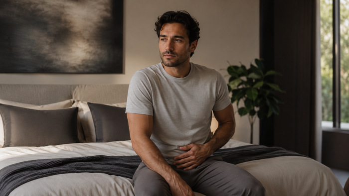 Adult man sitting calmly in a private bedroom, representing safe prostate stimulation education and male body awareness