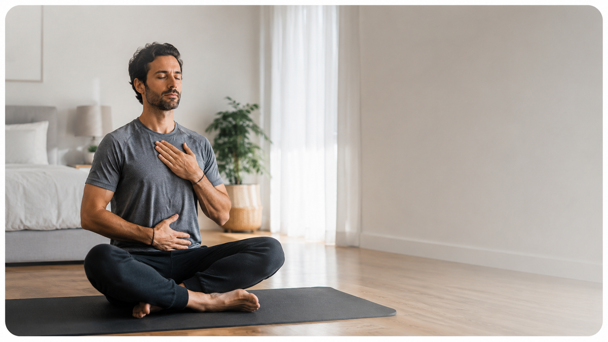 artículo Man practicing mindful breathing during a yoga session for body awareness