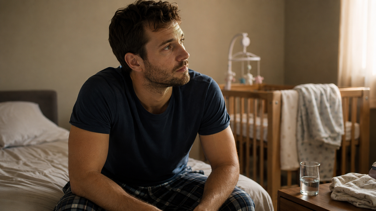 New father sitting thoughtfully on a bed in a softly lit bedroom with a baby crib in the background.