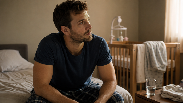 New father sitting thoughtfully on a bed in a softly lit bedroom with a baby crib in the background.