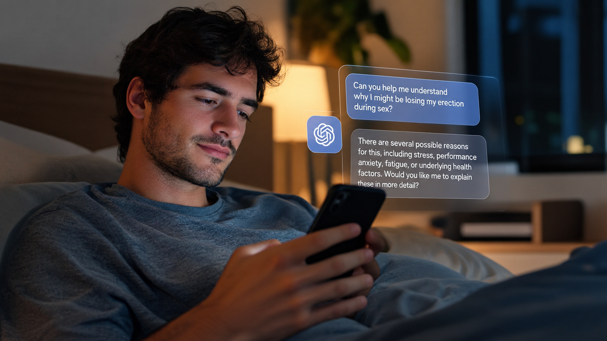 Man using artificial intelligence technology on a laptop to learn about men's sexual health and wellbeing