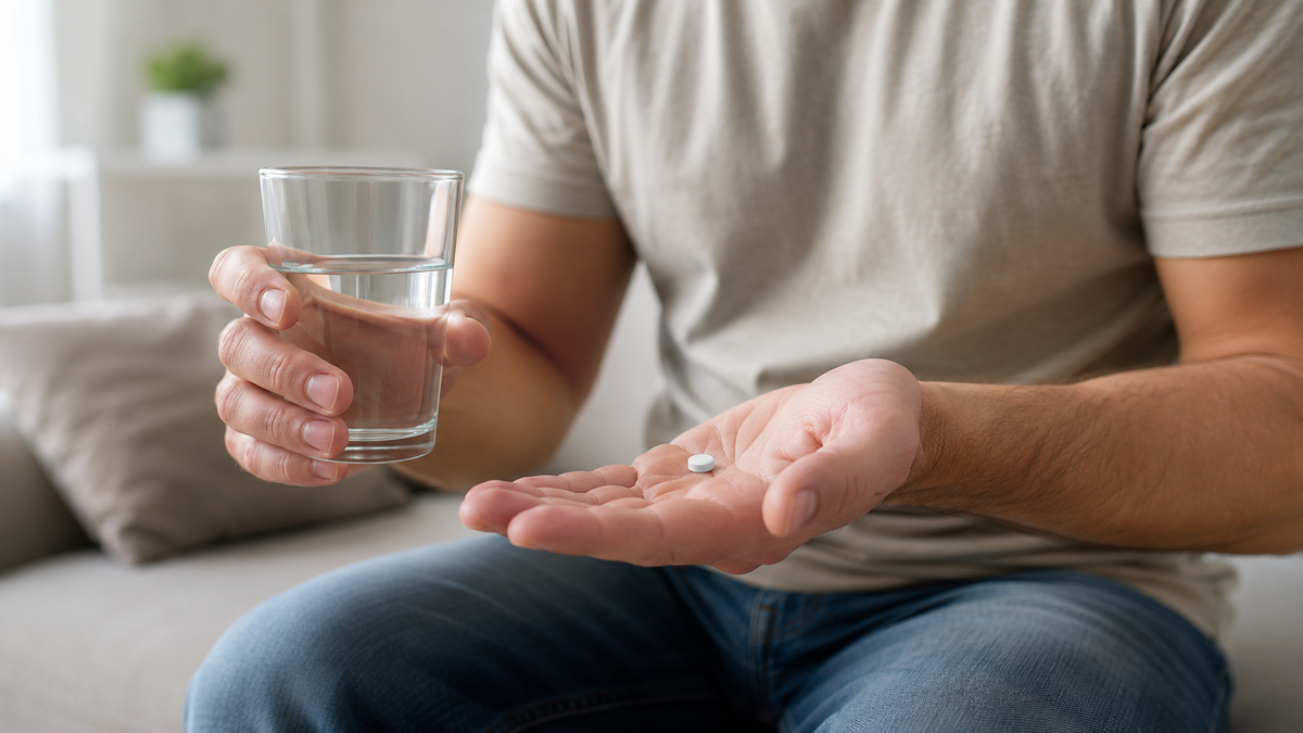 Man holding a glass of water and a single tablet in his hand before taking medication
