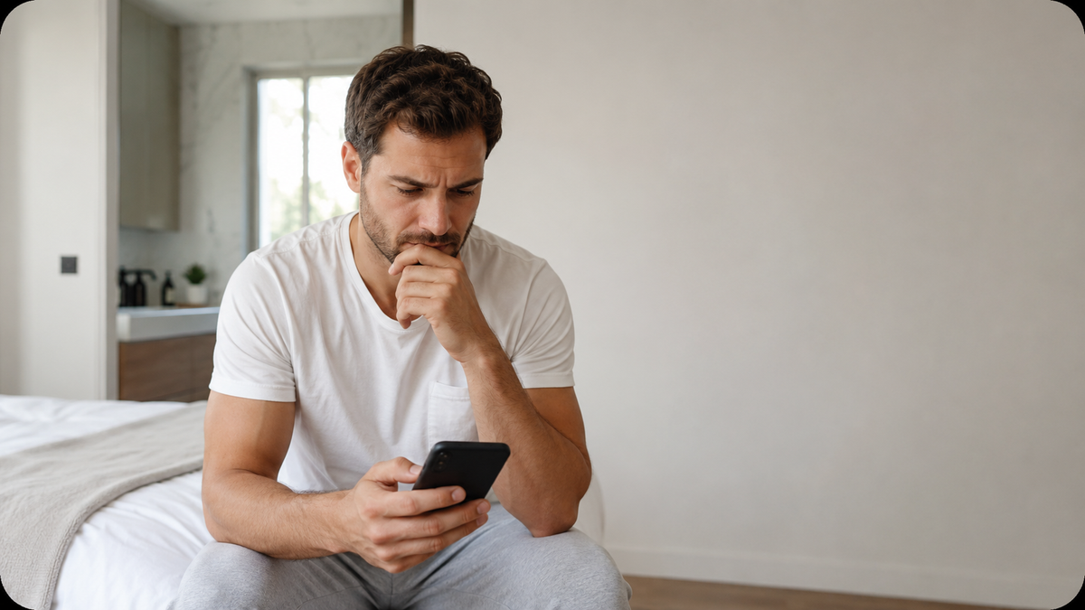 Concerned man researching a private health question on his phone