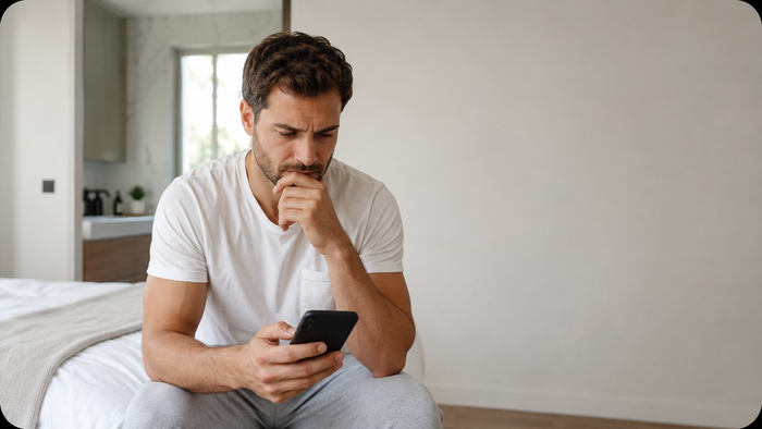 Concerned man researching a private health question on his phone