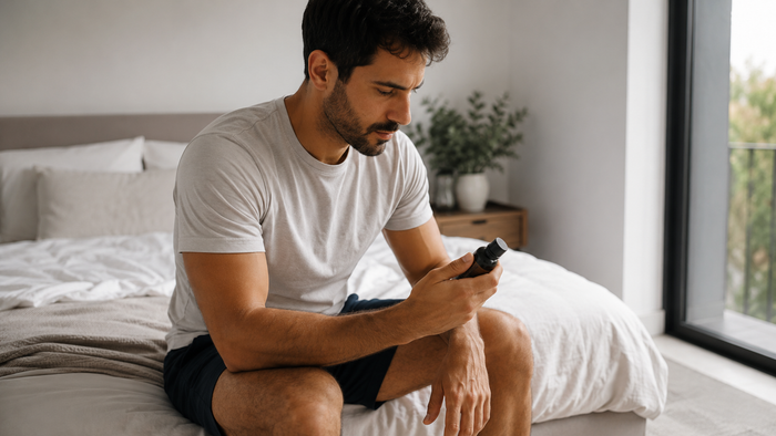 Man following a male intimate skin care routine in a bathroom