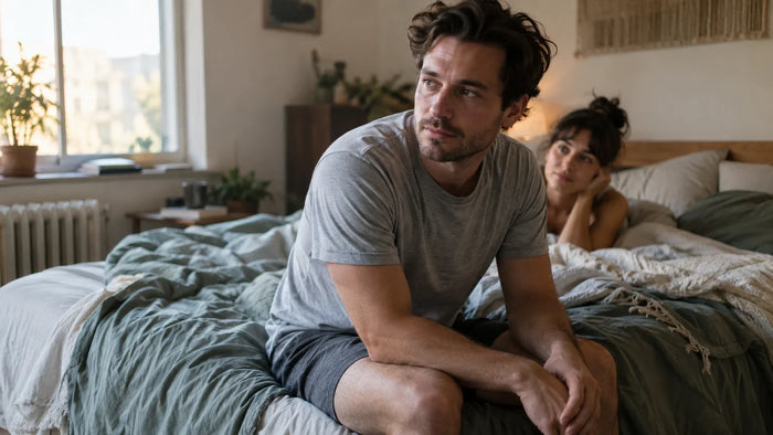 Man distracted during intimacy with his partner, reflecting how ADHD can affect sex, sexual focus, and emotional connection