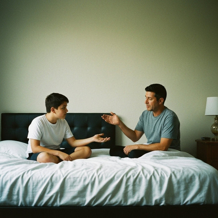 Parents talking with their teenage child in a relaxed, trusting environment without long lectures or uncomfortable talks