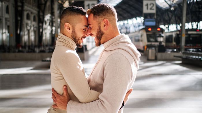 Gay couple hugging and looking