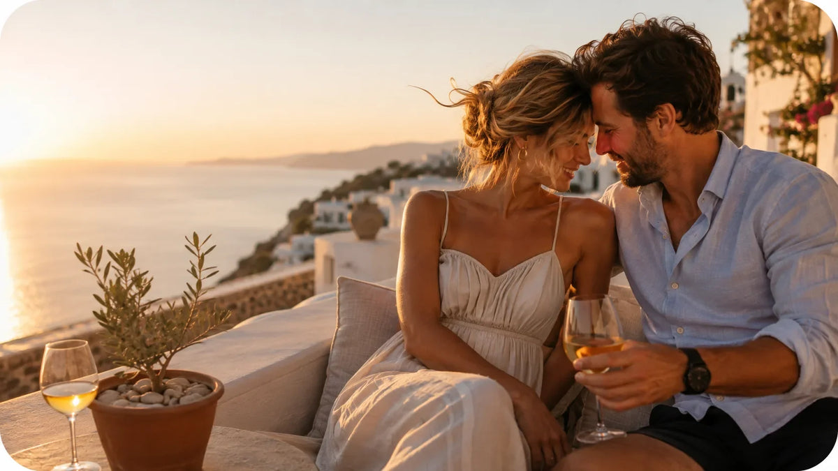 Couple enjoying an intimate moment on a Mediterranean vacation at sunset
