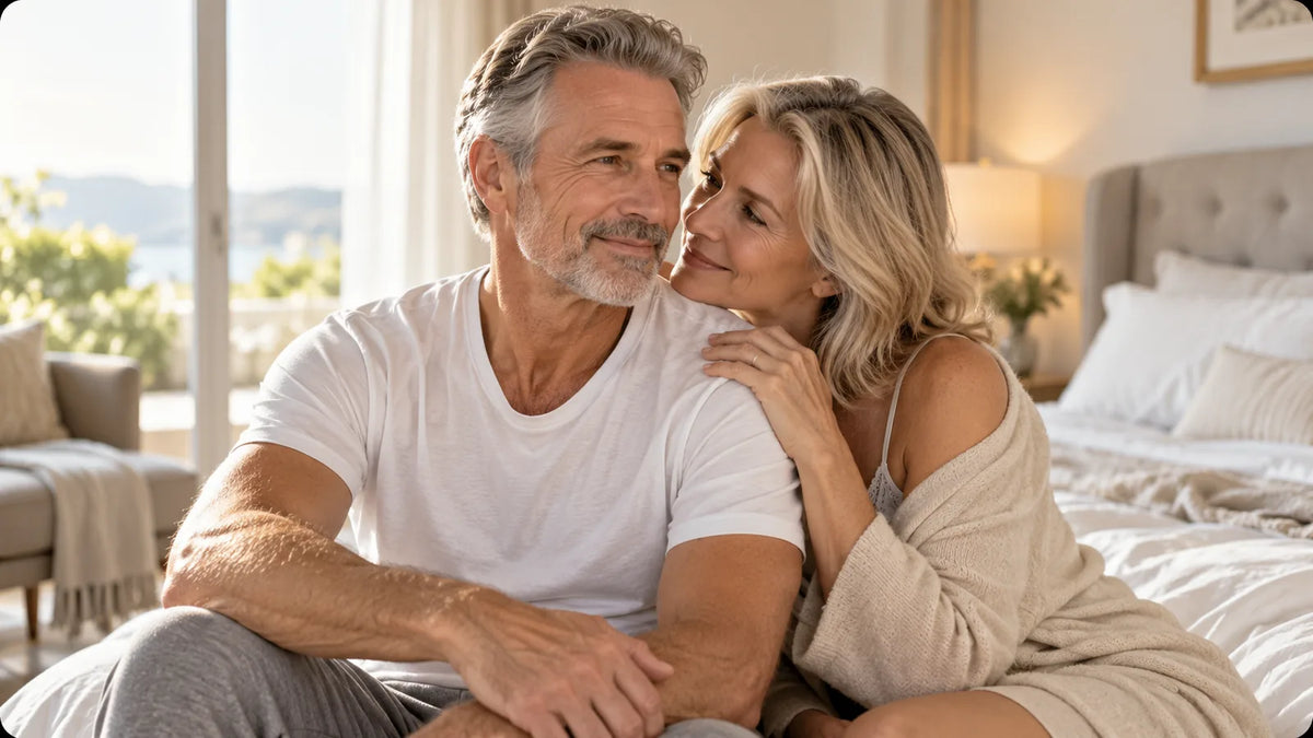 Man over 60 enjoying intimacy with his partner in a relaxed bedroom setting